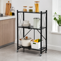 Folding Shelf Rack With Casters Wagon No Assembly Required Mobile Rack Storage Shelf Black Metal Rack