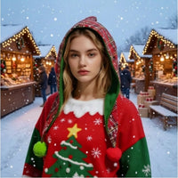 Plaid Christmas Hat with Pom-Poms Soft Christmas Hood-Style Hat Plaid Headwear for Costume Events