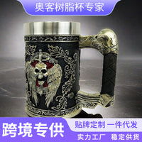 外贸复古木纹树脂啤酒杯不锈钢内胆大容量冷饮杯 创意酒吧杯