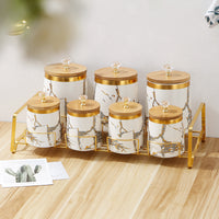 Nordic Light Luxury Spice Jar Set with Bamboo Lids and Rack, Ceramic, 3-Tier, Round, 3.1-4L