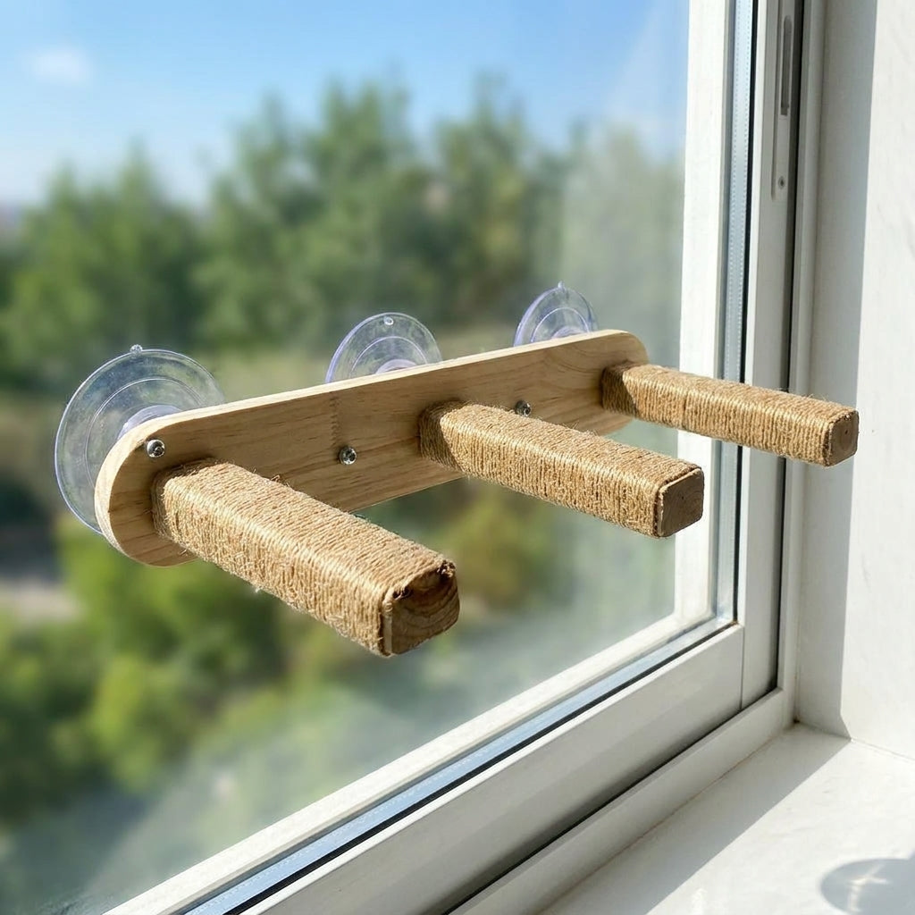 Window Perch Suction Cup Hammock + 2 Square Posts, Solid Wood Cat Shelf with Steps for Large Indoor Pets, Strong Suction Sleeping Playing Bed