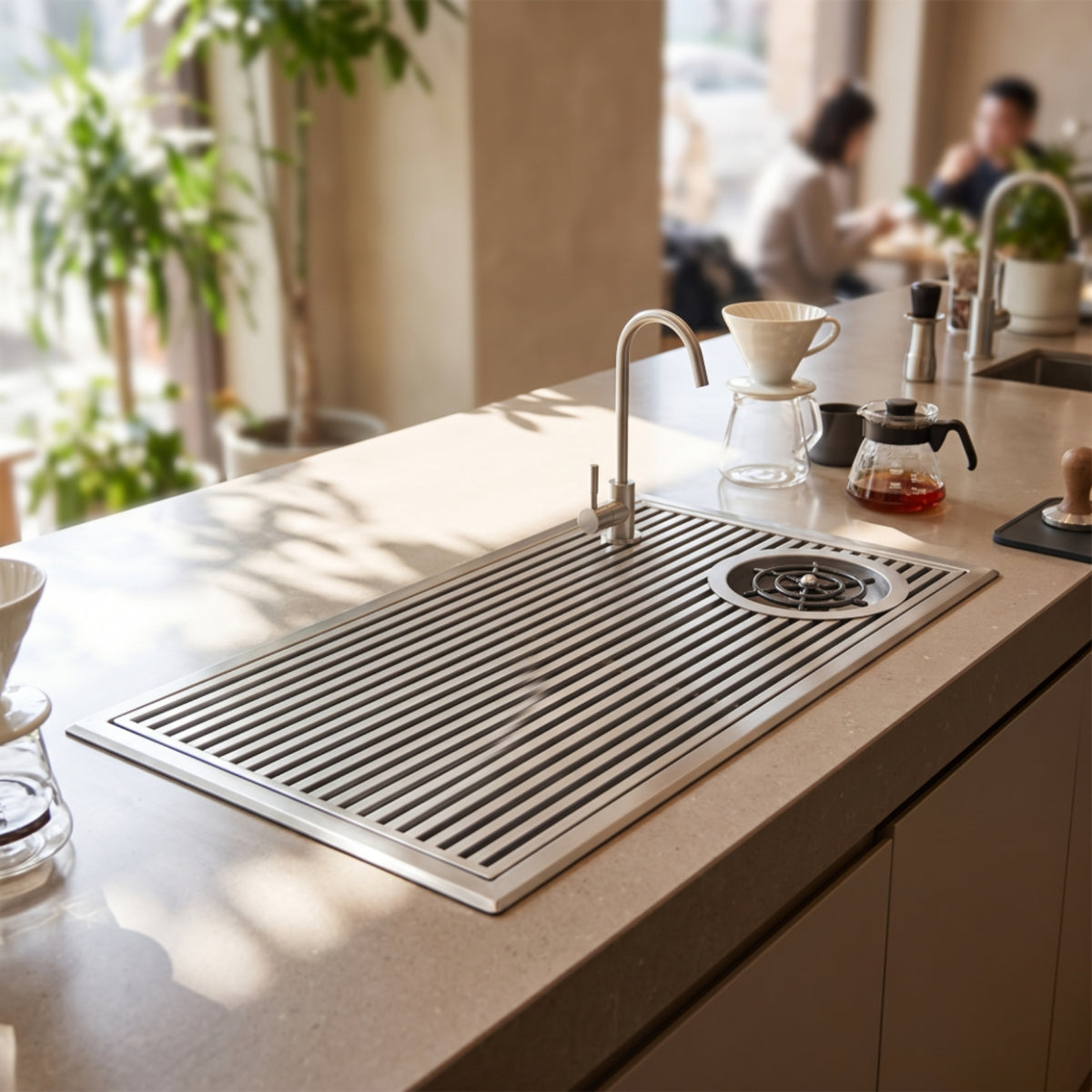 Built-in Draining Tray with Water Outlet Rectangular Stainless Steel Beverage Tray with Drainage for Countertop