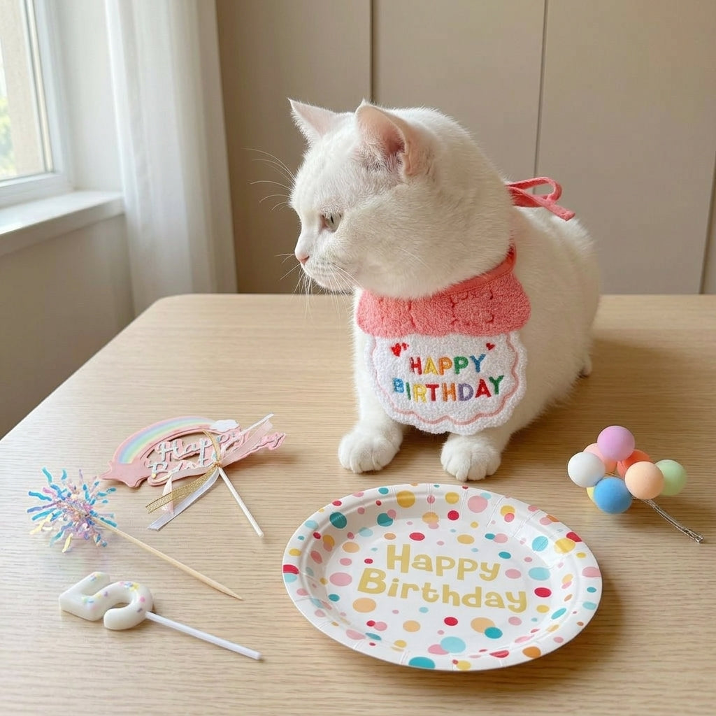 Pet Dog Cat Birthday Party Decoration Set with Scarf, Hat, Bib, Cake, and Candles