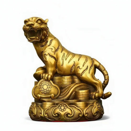 Tiger Figurine with Base Ornate Tiger Statue with Base Metal-Finish Decor for Collectors, Shelf, Desk
