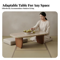 Wabi-Sabi Design Rectangular Travertine Coffee Table Natural Stunique Top Home Furniture sturdy Wood Legs Minimalist aesthetic for Interior Designers, Homeowners, Living Room, Lounge Area, Office Reception