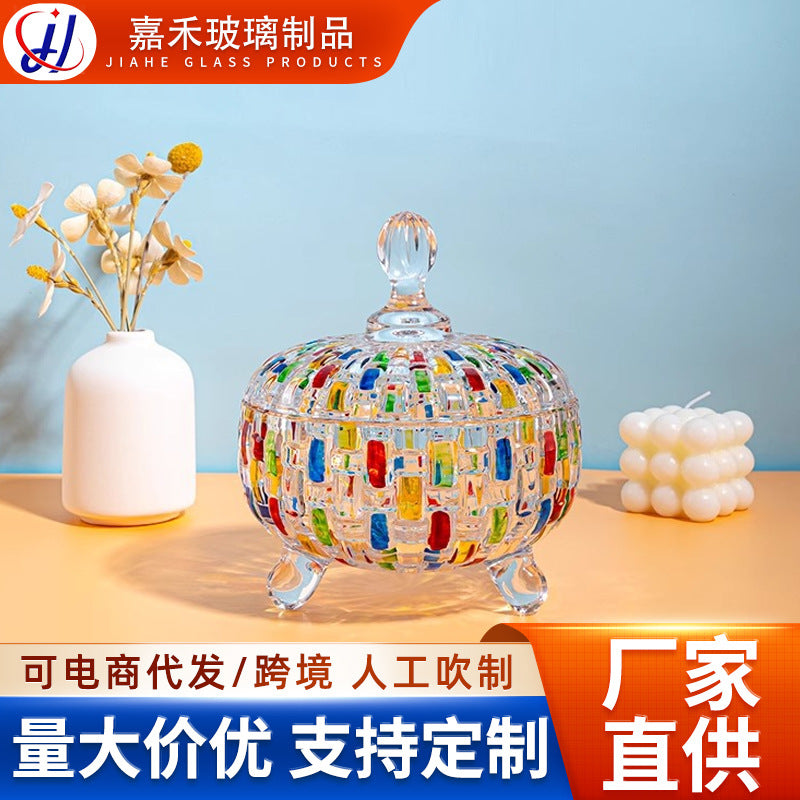 Colorful Glass Candy Jar with Woven Relief Design and Lid