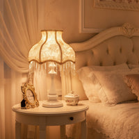 Fringe Table Lamp Decorative Table Lamp with Textile Shade Vintage-Inspired Princess-Style for Girls, Bedroom, Reading Corner