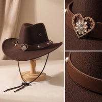 Cowboy Hat with Heart Ornament Decorated Western Hat with Chin Cord Wide Brim for Girls, Young Children, Dress-up, Costume Parties, Photo Shoots