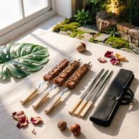 6 Pieces Stainless Steel Barbecue Skewer Heavy Duty Long Wooden Handle Skewer Food Grade Bbq Kebab for Picnic