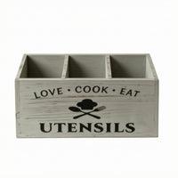 Rectangular Wooden Utensil Storage Box Decorative Lettering Three Compartment Utensil Organizer Rustic Country Cutlery Storage Box for Tabletop