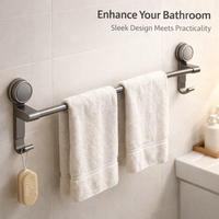Towel Bar for Washroom & Shower Room, Double Rack Bathroom with Strong Suction Cup No Drill, Space Aluminum Storage Drying for Homeowners