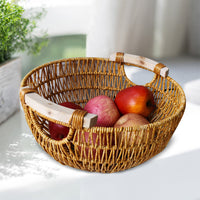 Rattan-Style Round Basket with Wooden Handle for Storage and Decoration