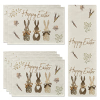 Easter Table Runner and Placemats, Linen Textile Bunny Designs for Dining Tables #variant:White Happy Easter Bunnies