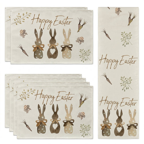 Easter Table Runner and Placemats, Linen Textile Bunny Designs for Dining Tables #variant:White Happy Easter Bunnies
