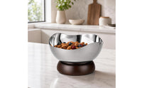 Modern Serving Bowl with Wooden Base Food-Safe Wavy Stainless Steel Bowl Rustproof Contemporary for Coffee Tables