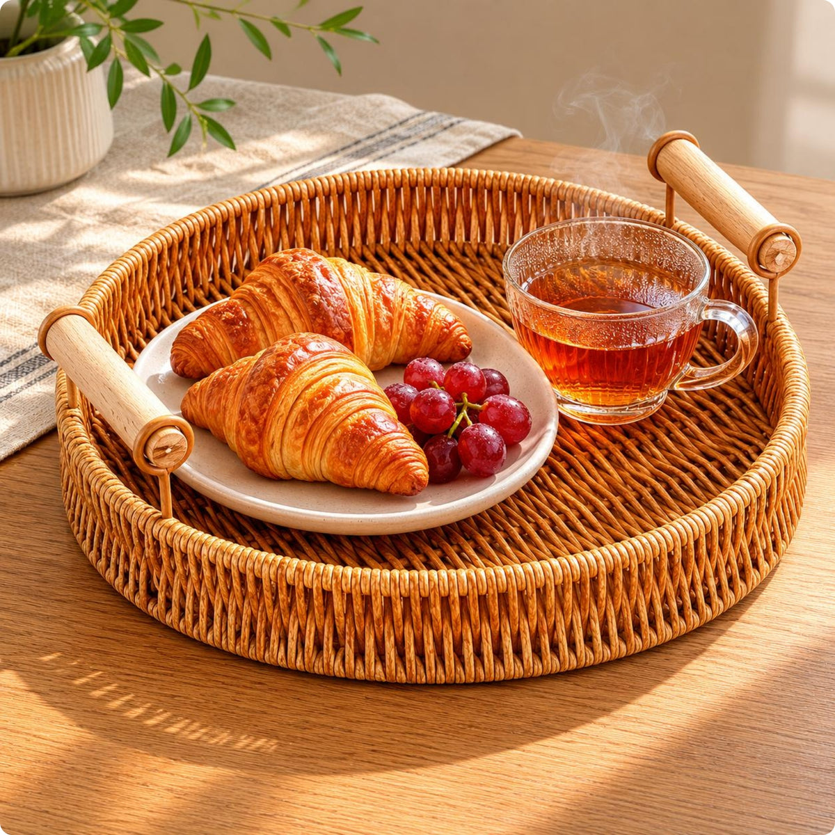 Woven Serving Tray Wooden Handles Woven Tray Multi-Purpose