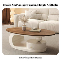 2 Pieces Oval and Round Nesting Tables Wood Grain Finish Nesting Coffee and End Table Creamy Design Living Room Furniture for Home, Lounge Area