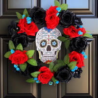 Mexican Halloween Red and Black Rose Wreath Door Hanger with Skull Wooden Sign