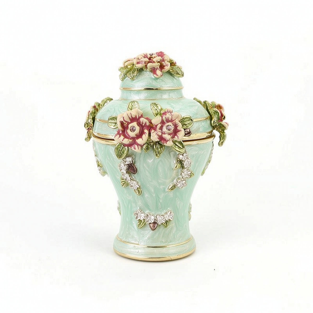 Jewelry Box with Hinged Lid Enamel-Style Trinket Box with Lid Floral Gold-Tone for Dresser, Vanity