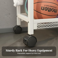 Home Gym Storage Rack Portable with Lockable Wheels Rolling Sports Accessories Rack Includes Hooks and Container Home Gym Storage Cart for Families