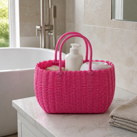 Hand-Woven Plastic Storage Basket with Handle for Shopping, Bath, or Pet Use