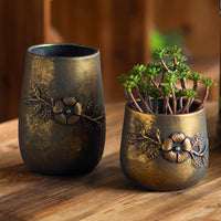 Vintage Embossed Metal Planter Open-Top Embossed Floral Planter Tapered Shape Rustic Flower Pot for Garden, Patio, Indoors