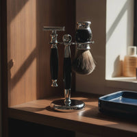 Shaving Set with Stand Chrome-Finished Shaving Implement and Brush Set Manual Shaving Kit with Brush for Men, Washroom, Travel