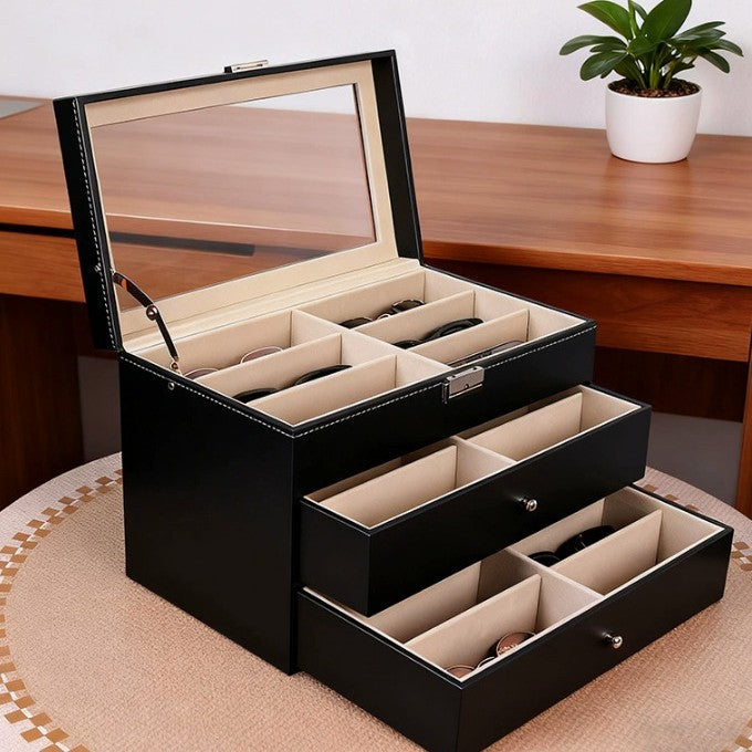 Large Capacity 18-Grid PU Leather Sunglasses Storage Box with Wood Grain Finish