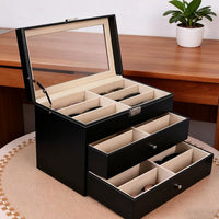 Large Capacity 18-Grid PU Leather Sunglasses Storage Box with Wood Grain Finish