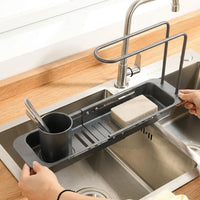 Telescopic Drain Basket Kitchen Sink Drainer, Stainless Steel Rectangular Over the Sink Rack, Slotted Kitchen Organiser for Counter Space Saving