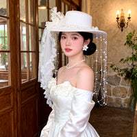 White Bridal Hat with Bow and Tassel