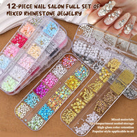 12-Grid Nail Art Mixed Gold and Silver Steel Balls, Pearls, Alloy and Colored Five-Petal Flower Charms