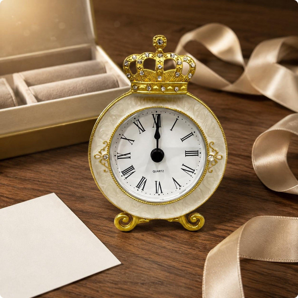 Crown Mantel Timepiece Gift Idea Home Decor Crystal Accents for Desktop