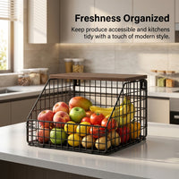 Storage Baskets with Metal Wire and Wooden Handle for Kitchen Organization, Hanging with Hook for Bedroom, Stackable Bins for Shelves