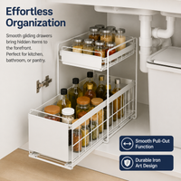 Under Sink Storage, 2 Tier Pull Out Cupboard Organiser, White Metal Kitchen Storage with Sliding Drawer, Space Saving for Cleaning Supplies