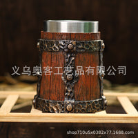 外贸复古木纹树脂啤酒杯不锈钢内胆大容量冷饮杯 创意酒吧杯