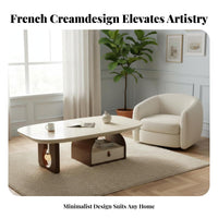 2 Pieces French Cream aesthetic Pebble-Shaped Table pair Built-in Light Living Room Furniture With Storage Drawer Accent Tables Artistic Design for Apartment Dwellers, Homeowners, Students, Small Spaces, Lounge Area, Office, Study