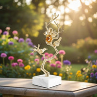 Steel Floral Sculpture Modern Marble Base Ornament Artistic Flower Statue Available Office, Entryway