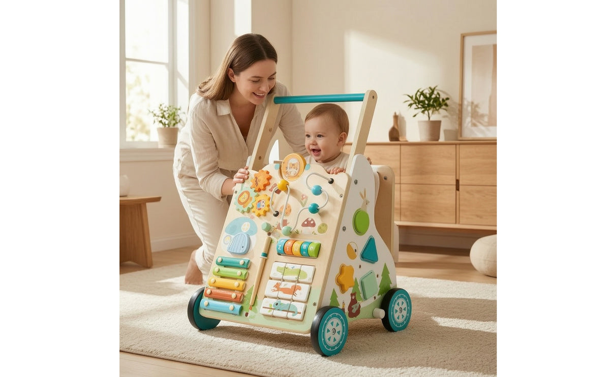 Wooden Push Activity Toy Sturdy Wooden Infant Activity Toy with Wheels Interactive Learning Toy for Young Children, Infants, Playroom, Nursery