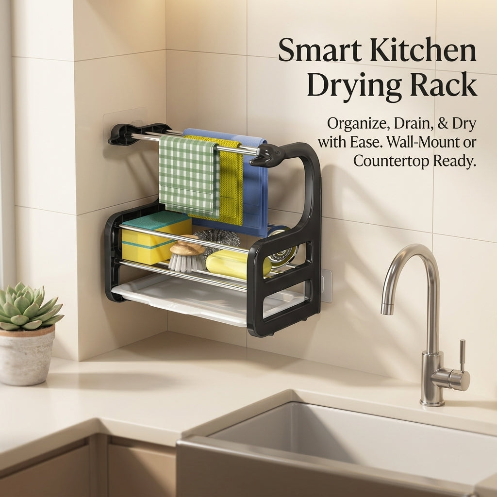 Bathroom Sink Organizer, Carbon Steel Wall Mounted Kitchen Accessory, Dual-Use Sponge Holder for Countertops, Utility Storage for Washing Up