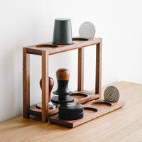 Coffee Tool Storage Rack Walnut Solid Wood Tamper and Distributor Double-Layer Organizer for Bar Counter