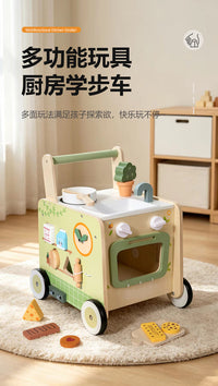 Wooden Multi-Functional Kitchen Walker Toy for Toddlers, Early Education Push Cart