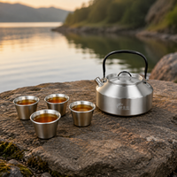 Stainless Steel Tea Set, Portable, Camping, Outdoor, Travel, 5-Piece Set, With Mesh Tea Strainer, Includes Foldable Stove, With Storage Case