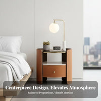 Cylindrical End Table Single-drawer Nightstand Modern Bedside Cabinet Italian Minimalist Wood Saddle Leather Glass Top Suitable for Apartment Dwellers Adults Small Areas Hotel Room