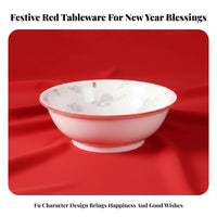 Ceramic Pasta Bowl Set, Red Fu Character, Chinese Design, Festive New Year Tableware, Home Dinnerware, 2025