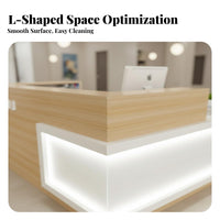 L-Shaped Reception Desk with LED Easy to Clean Glossy Finish Reception Counter Comprehensive Storage Area Front Desk for Retailers, Hotel Lobby