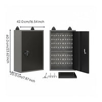 Lockable cabinet with adjustable shelves.