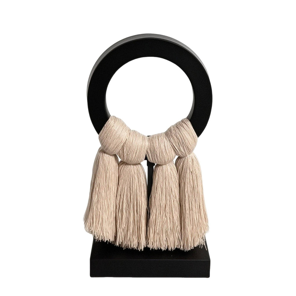 Metal Hoop Ornament with Tassels Minimalist Tabletop Ornament Black and Beige