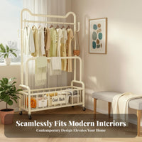 Large Capacity Rolling Clothes Rack with Wheels Stable & Sturdy Rolling Clothes Rack Space Saving Double Rod Garment Stand with Basket Easy Assembly for Homeowners, Families, Bedroom, Laundry Room, Entryway, Walk-in Closet