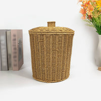 Lidded Trash Bin Woven Texture Rattan Waste Bin Handwoven Wastebasket for Bedroom